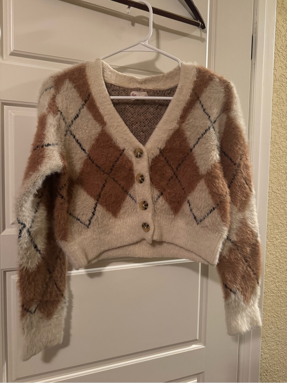Cozy Argyle V-Neck Button Cropped Sweater - Cream & Brown